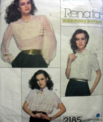 2185 VOGUE FRENCH RENATA TIE COLLAR TUCK SS-LS BLOUSE PATTERN 8, 12, 14 Choice